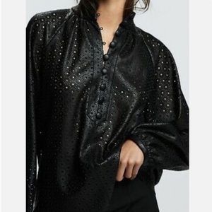 ZARA black faux leather perforated half button high neck blouse.